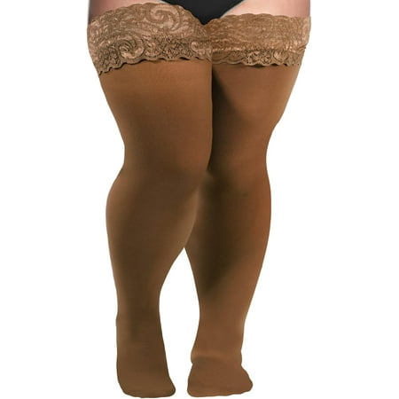 XXTS Plus Size Thigh High Stockings Womens  55D Semi Sheer Silicone Lace Top Stay Up Lingerie Thigh Highs Pantyhose.