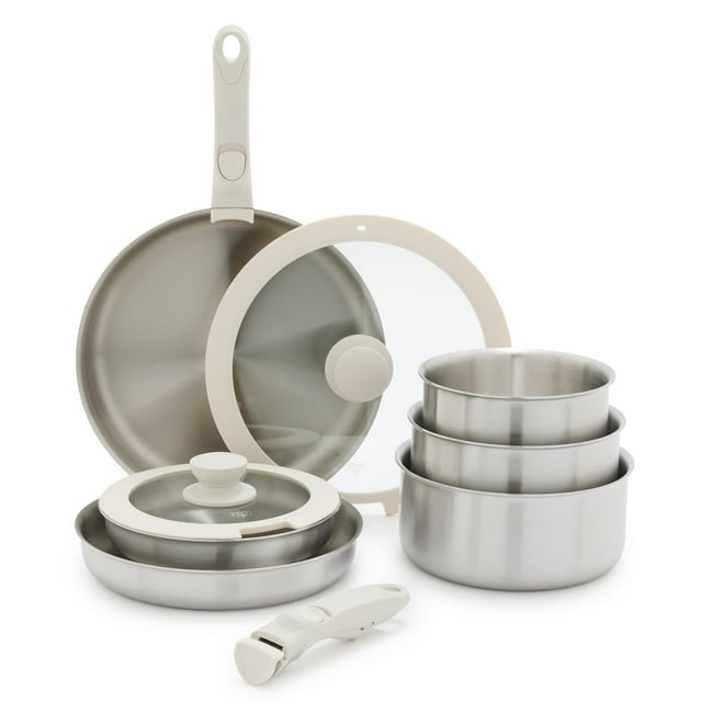 GreenLife Click Juego de utensilios de cocina TriPly de acero inoxidable de 10 piezas, mango desmontable, esencial de cocina apilable para ahorrar espacio, ollas y sartenes sin PFAS, apto para inducci
