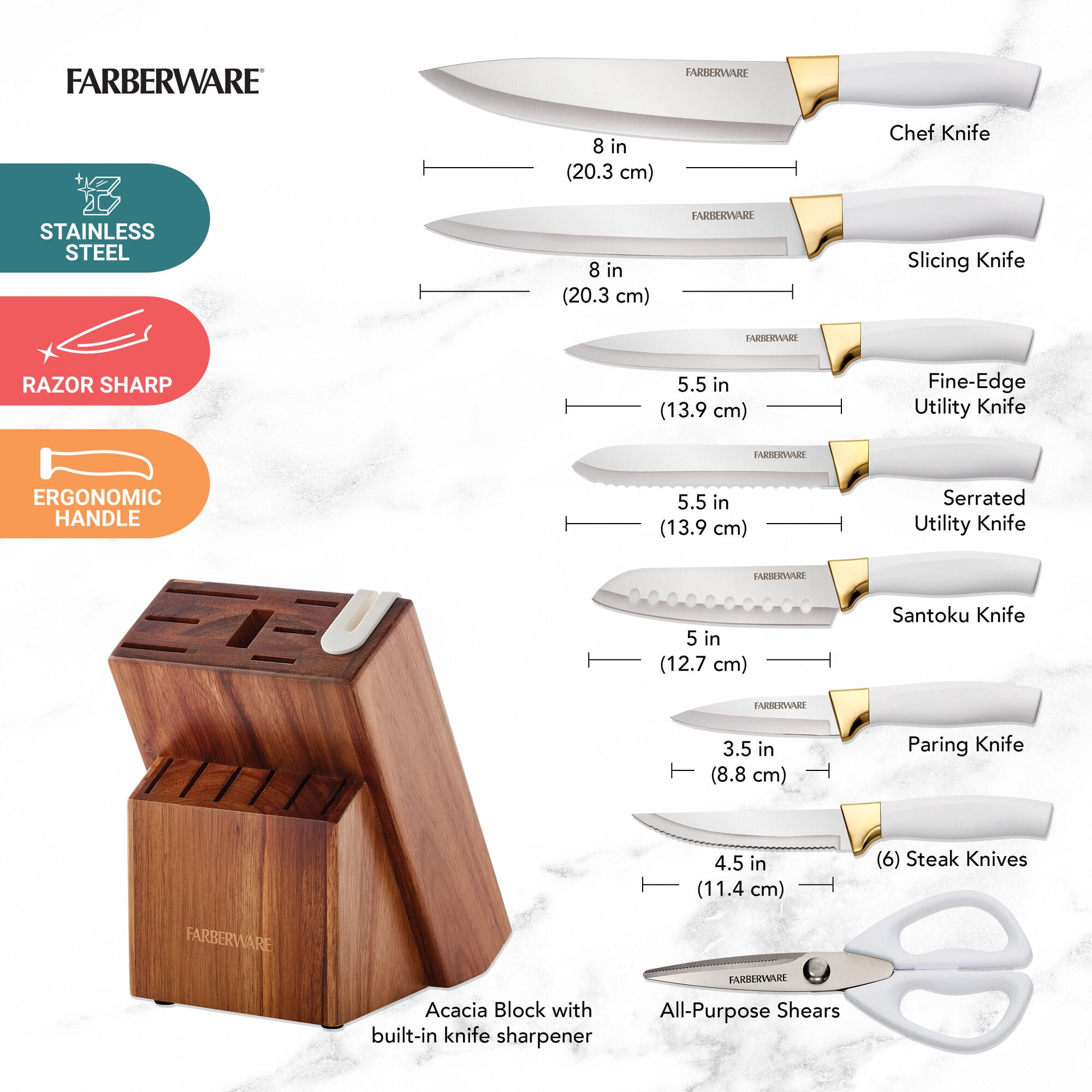 Farberware Edgekeeper Classic 14-Piece Knife Block Set with Built-In Knife Sharpener, White