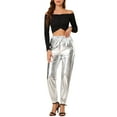 thumbnail image 2 of INSPIRE CHIC Women's Party Sparkle Shiny High Waist Metallic Holographic Pants XS Silver, 2 of 7