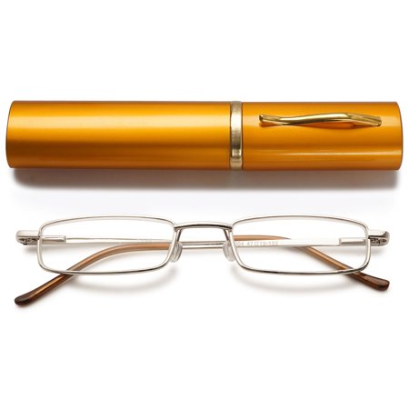 MAGIMODAC Compact Metal Reading Glasses 1.5 Spring Hinge Lightweight Portable Clip with Aluminum Case Readers Eyeglasses Travel Fit for Men and Women