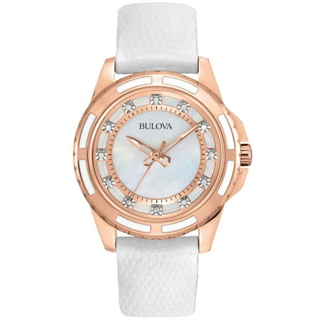 Bulova Ladies Diamond Watch - MOP - Rose Gold-Tone - Textured Leather Strap