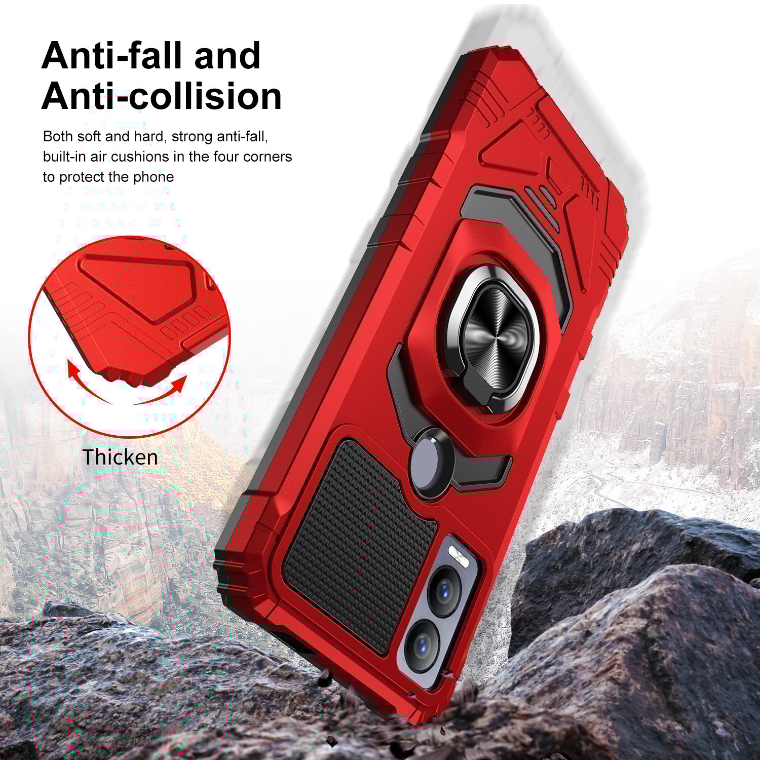 thumbnail image 3 of For Cricket Magic 5G Armor Dual Layer Metal Ring Stand Magnetic Car Mount Hybrid Impact Protective Shockproof Case Cover Red, 3 of 6