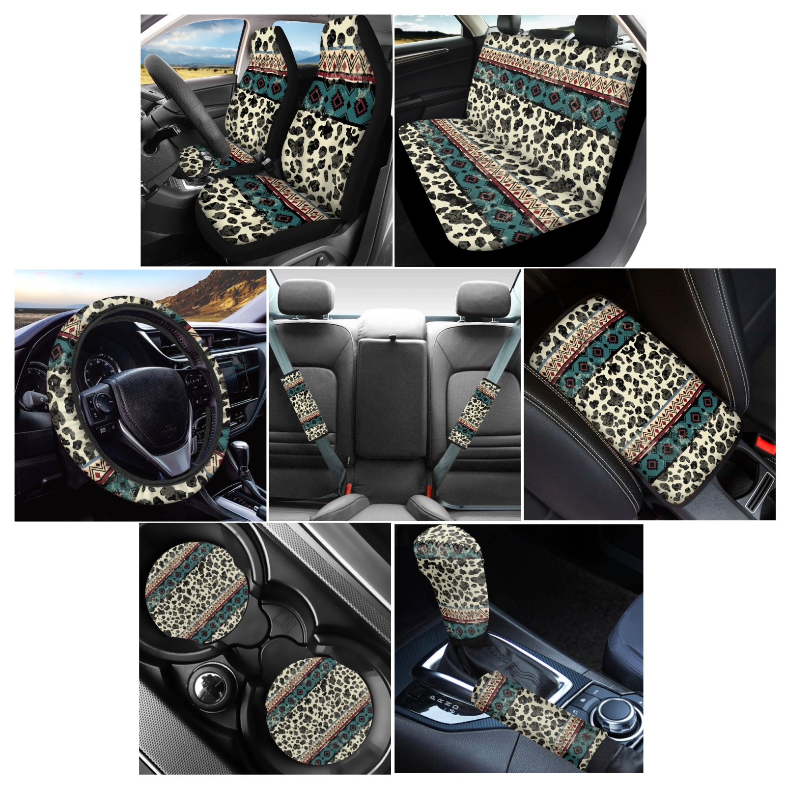 Renewold American Tribal Cow Print Beige Car Accessories Set 12 PCS, Universal Car Seat Covers Steering Wheel Armrest Cover Seat Belt Pad Coasters Handbrake Gear Shift Cover Car Accessories