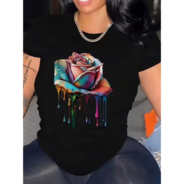 Flower Print T-shirt, Short Sleeve Crew Neck Casual Top for Summer & Spring, Women's ClothingFather'Camisetas para mujer, lindas camisetas con estampado gráfico, de manga corta, estilo casual, para ve