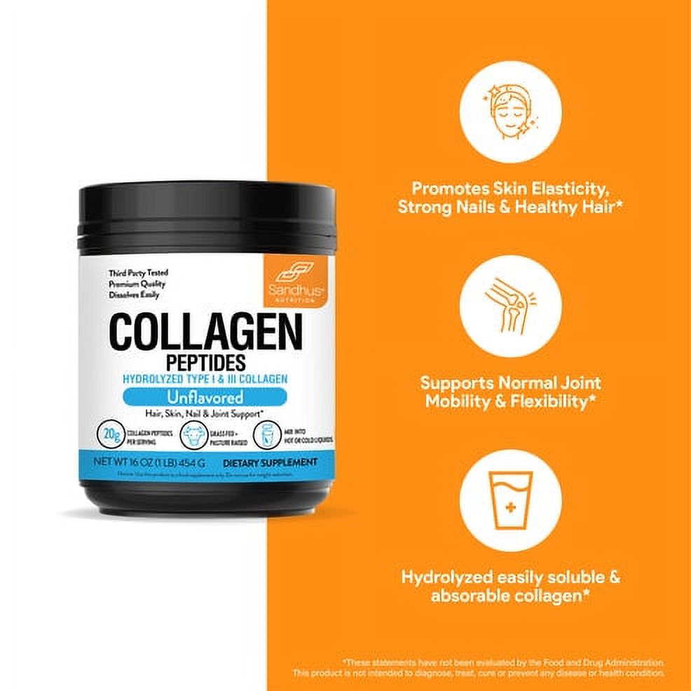Sandhu's Hydrolyzed Grass Fed Collagen Peptides Powder, Unflavored, 20g Collagen per Serving, 1lb