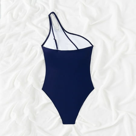 Aayomet Women Tummy Control One Piece Swimsuit Mesh One Shoulder Bathing Suit (Blue  L)