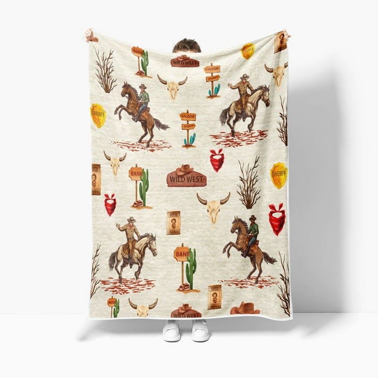 Loussiesd Western Cowboy pluche deken wild west thema fleece deken retro cowboy stijl sherpa deken voor bank bed sofa kamer decor lichtgewicht hand tekenen zwarte donzige deken king 220 x 238 cm