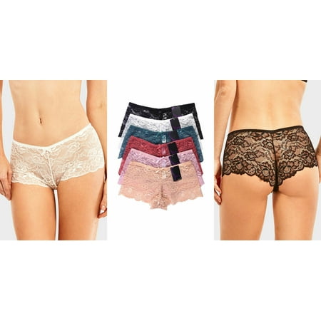 Lucky Hipster Bikini 6 Pack of Women Hipster Panties Floral Scalloped Stretch Lace Mid Rise Bikini Boyshorts Underwear ()