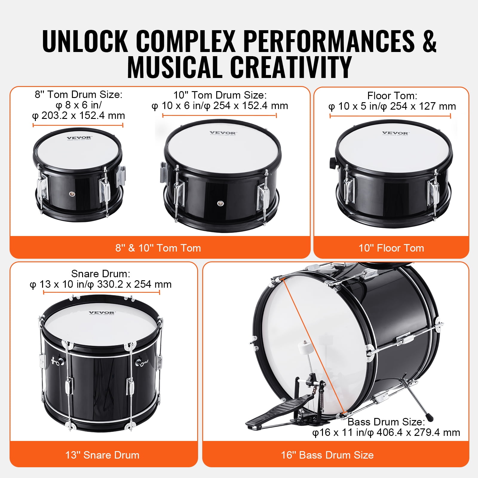 VEVOR Kids Drum Set, 5-Piece, 16 in Beginner Full Drum Set with Bass Toms Snare Floor Drum Adjustable Throne Cymbal Hi-Hat Pedal and Two Pairs of Drumsticks, Starter Drum Kit for Child Kids, Black