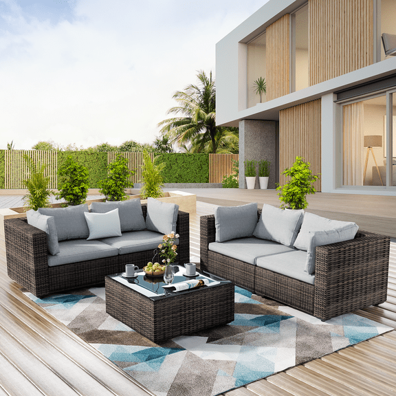 TANGJEAMER 5 Piece Patio Furniture Set, All Weather Outdoor Sectional PE Rattan, Patio Conversation Sets with Cushions and Glass Coffee Table for Garden Lawn Balcony Porch Deck, Grey