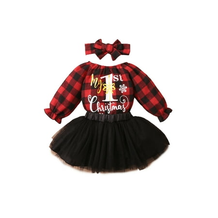 

Canrulo My First Christmas Baby Girls Xmas Clothes Long Sleeve Romper+Tulle Tutu Skirt+Headband Outfits My 1st Christmas 0-3 Months