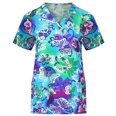 

JIUKE Women Short Sleeve V-neck Tops With Pockets Working Uniform Workwear Top