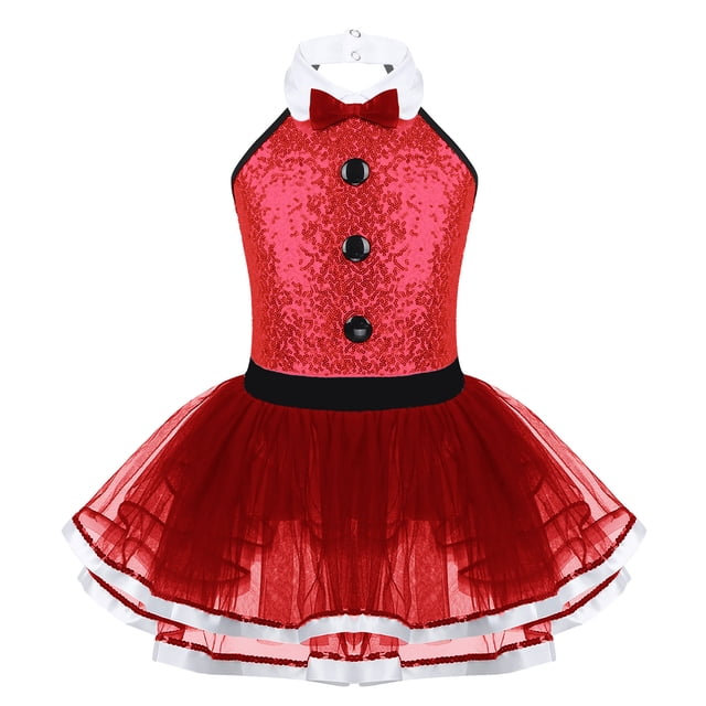 Aislor Robe de Spectacle de Cirque pour Filles Enfants Costume à Paillettes à Col Licou Justaucorps de Danse Ballet Robe de Danse Moderne Tenue de Fête de Noël Rouge 14
