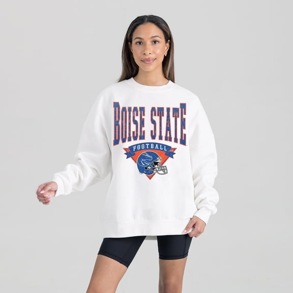 Women's Gameday Couture White Boise State Broncos Oversized Good Vibes Premium Fleece Drop Shoulder Pullover Sweatshirt