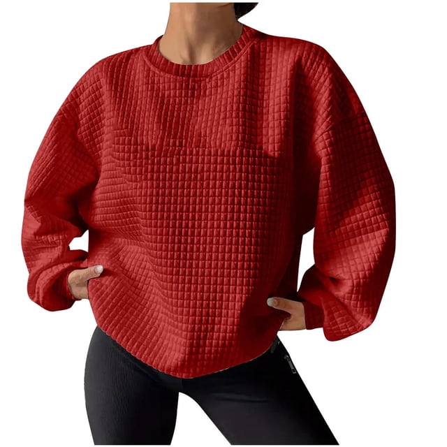Pisexur Chandail en Molleton pour Femmes Décontracté Ample Automne Chandails en Molleton pour Femmes Couleur Unie Col Rond Chandail en Molleton Manches Longues Chemises pour Femmes Mode Chandail en Molleton Texturé Chandail Tops