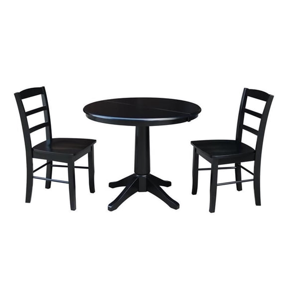 36" Round Top Dining Table with 12" Leaf and 2 Madrid Chairs - Black - 3 Piece Set
