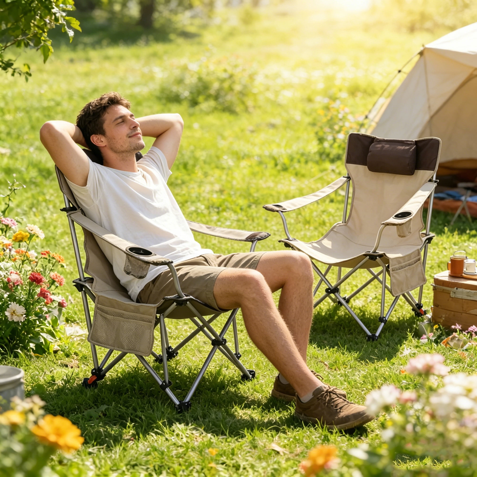 Leumius Outdoor Camping Chairs,2 Pack Folding Chairs Lawn Chairs with Side Pockets & Cup Holder,Carry Bag for Outside, Fishing, Camp & Garden,Beige