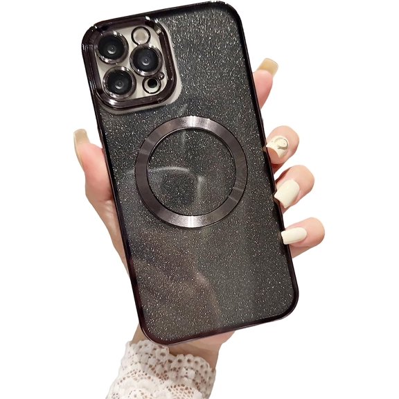 iPhone 12 Pro Max Magnetic Case with Camera Lens Protector, Luxury Glitter Bling Clear TPU Cover - Black