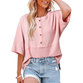 thumbnail image 1 of Blusas de Punto Gofre para Mujer, Moda 2025, Blusas de Patchwork Extragrandes con Cuello Redondo y Mangas 3/4, Rosa XXL, 1 of 6