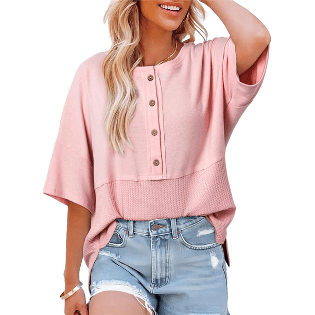 Blusas de Punto Gofre para Mujer, Moda 2025, Blusas de Patchwork Extragrandes con Cuello Redondo y Mangas 3/4, Rosa XXL