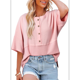 thumbnail image 1 of Blusas de Punto Gofre para Mujer, Moda 2025, Blusas de Patchwork Extragrandes con Cuello Redondo y Mangas 3/4, Rosa XXL, 1 of 6