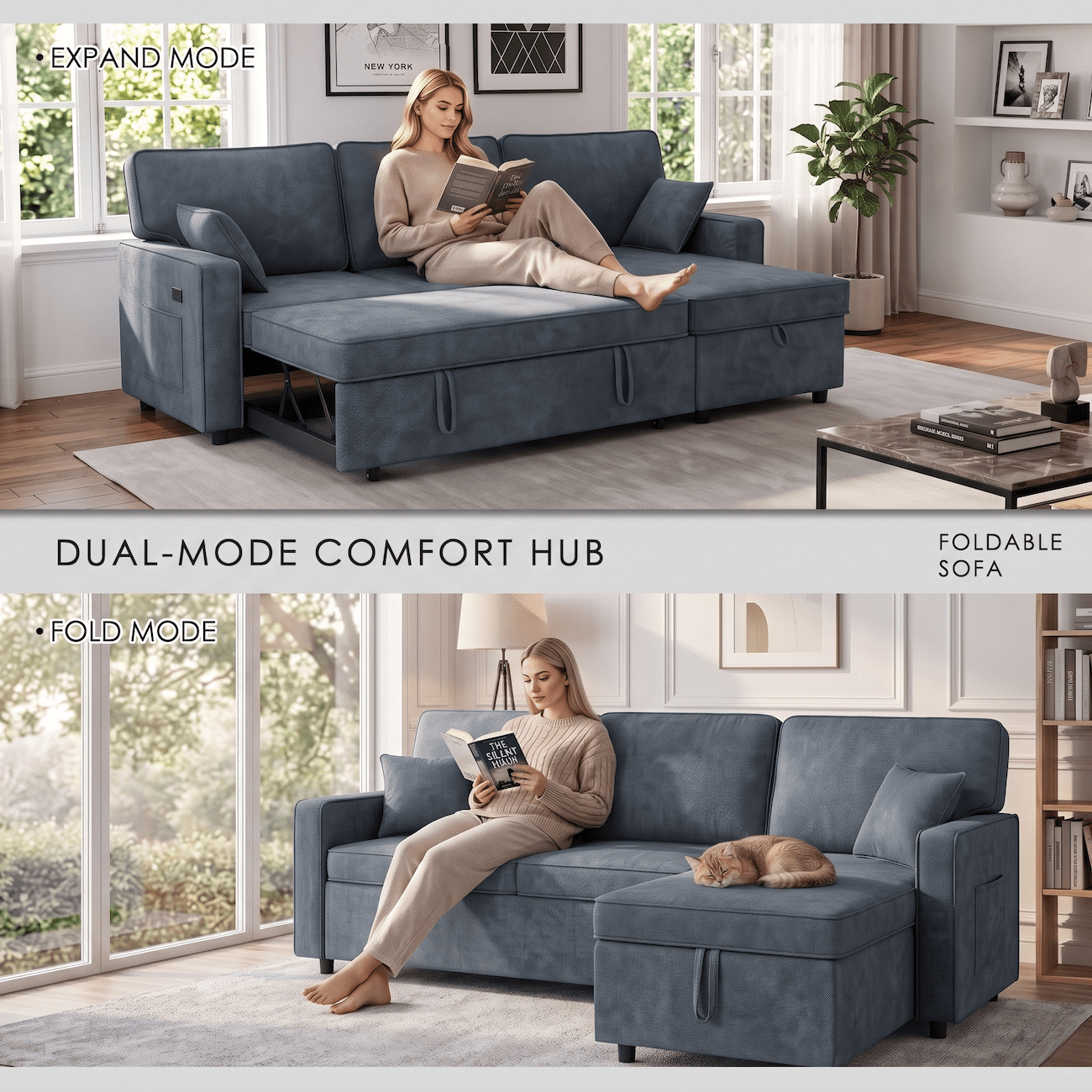 Convertible Sleeper Sofa Bed, 89" L Shaped Sectional Couch with Pull Out Bed, Storage Chaise, Charging Ports & Flip Down Console, Comfy Chenille Upholstered Sofa for Living Room, Navy Blue