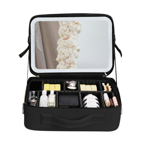 Neceser organizador de maquillaje con luz LED, espejo iluminado y divisores ajustables | Estuche de viaje portátil para brochas, esmaltes de uñas y artículos de aseo | Gran capacidad, fácil de