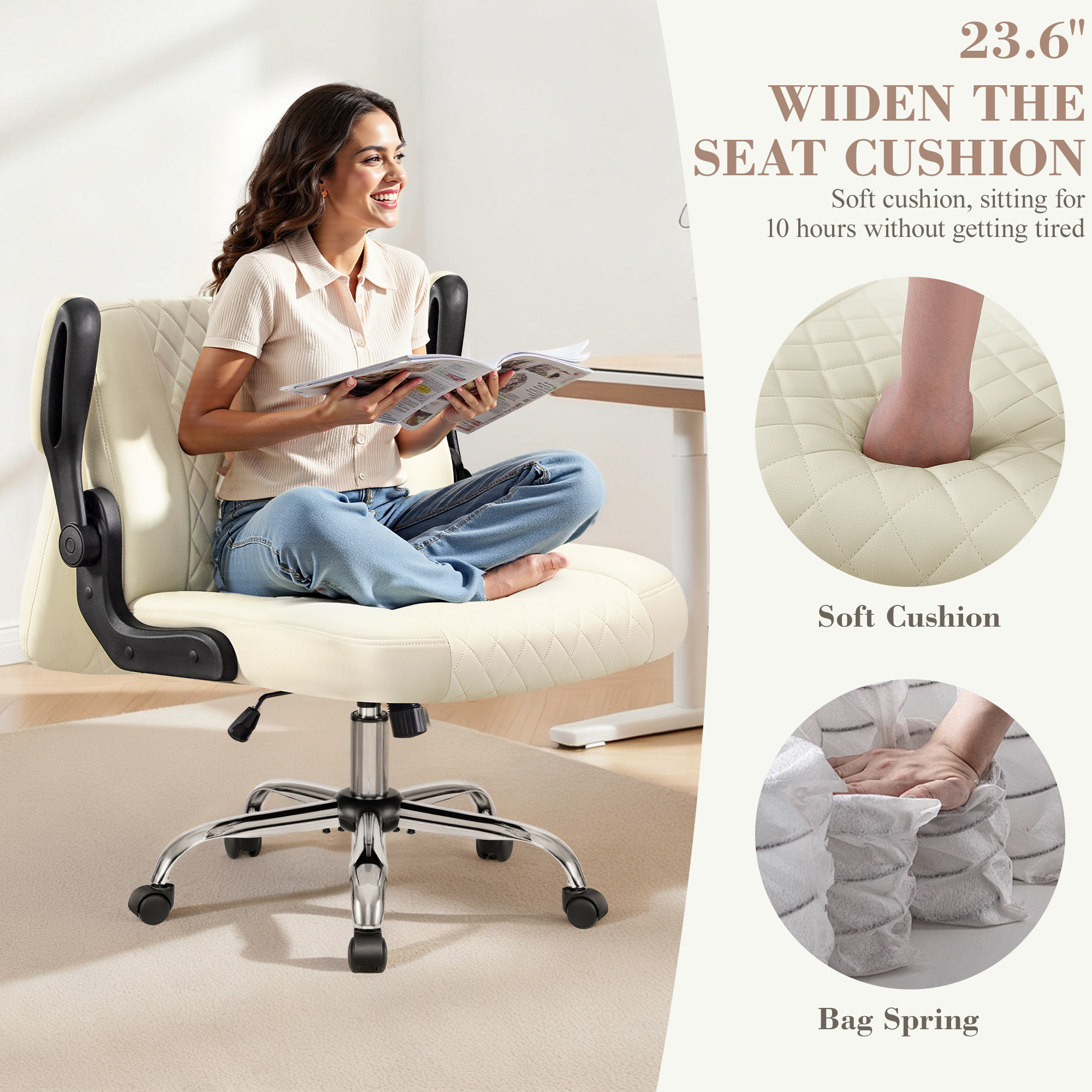 Primy Criss Cross Office Chair with 2-in-1 Flip Backrest, Ergonomic PU Leather Floor Sitting Chair, 360° Swivel Flip-Up Arms, Extra-Wide Seat