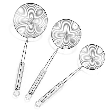 3 Piece Strainer Set - Stainless Steel Strainer Skimmer Set of 3 Pieces 15, 15.5 & 16.5 Inches Asian Spider Strainer with Spiral Mesh Ladle for Spaetzle/Pasta/Chips by Cocina NomNom
