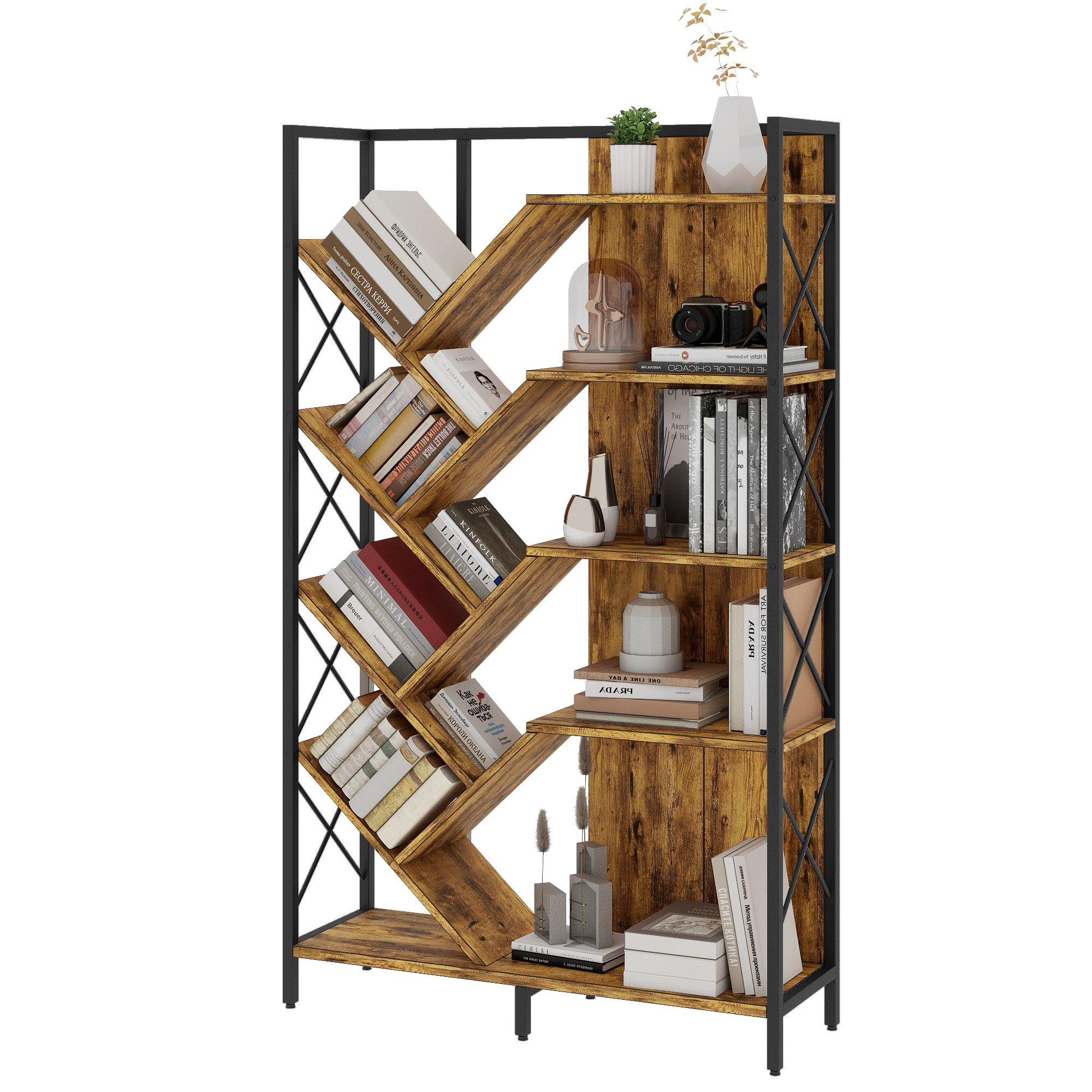 Uforic 5 Tier Tall Bookshelf, 70.8" Wide Tree Bookcase, Industrial Large Bookshelves, Etagere Storage Display Shelf for Living Room,Bedroom, Home Office, Brown