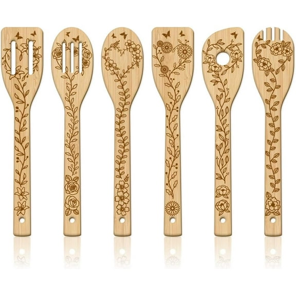 6Pcs Leaves and Flowers Bamboo Cooking Utensils Wooden Engraved Cooking Spoons Set Lilies Roses Daisies Kitchen Bamboo Spatula Set Wood Cooking Spoon for Kitchen House Warming Gift BurlyWood