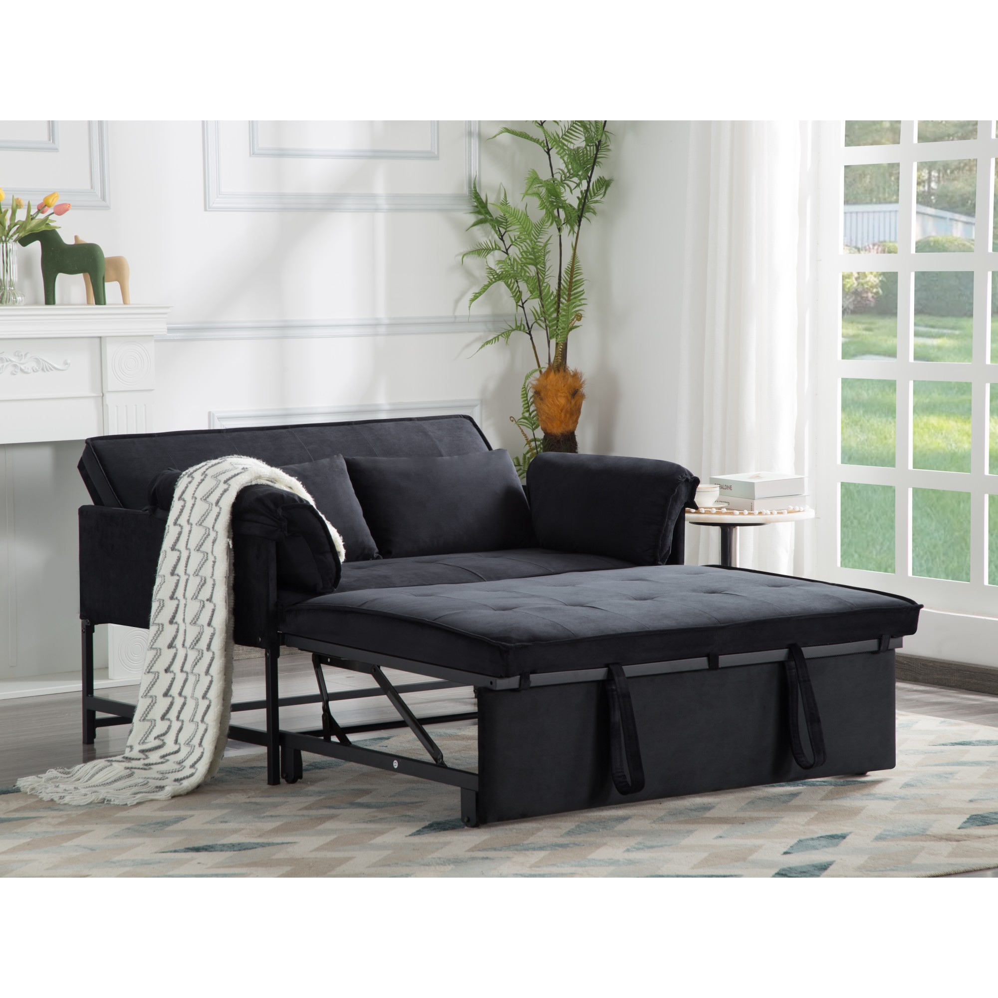 BSHTI 46" Velvet Pull-Out Sleeper Sofa Bed with Adjustable Back, 2 Pillows, Metal Frame for Living Room/Bedroom（Black）