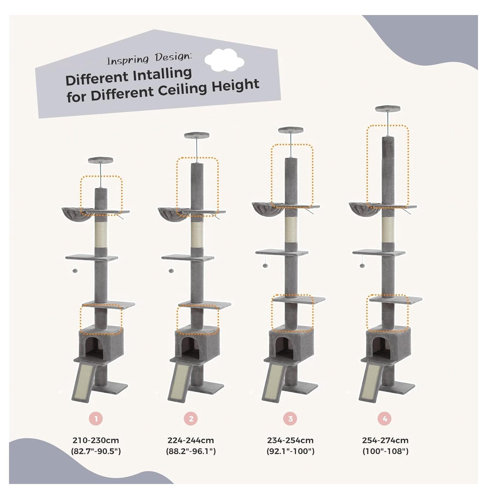 Floor to Ceiling Cat Tree, Tall Cat Tower Adjustable Height 83-108", 5 Levels Cat Climbing Tree with Condo & Hammock, Scratching Post, Grey