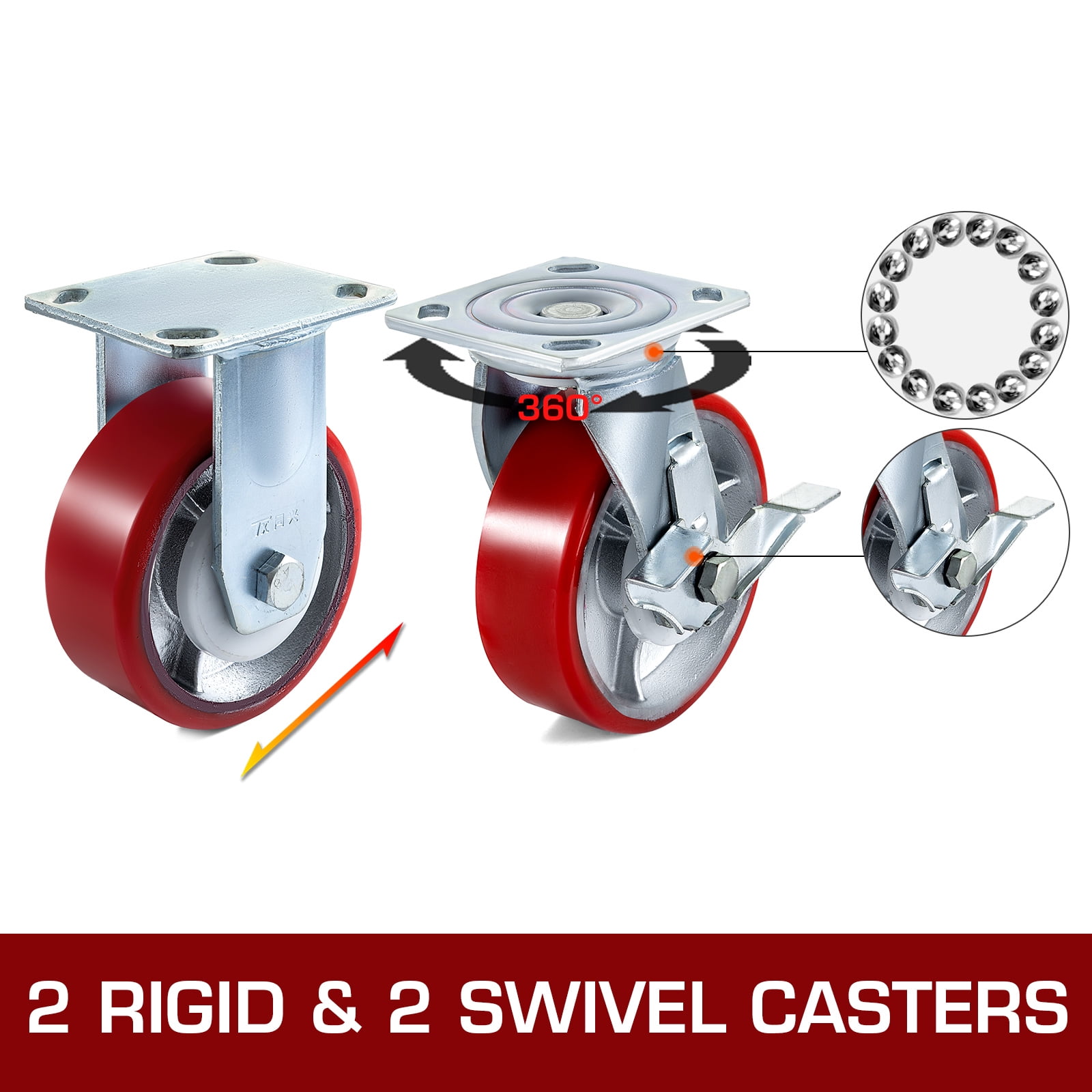 VEVOR 4 Pack Swivel Caster Polyurethane 6" x 2" on Steel Wheel Brake (2) Rigid (2)