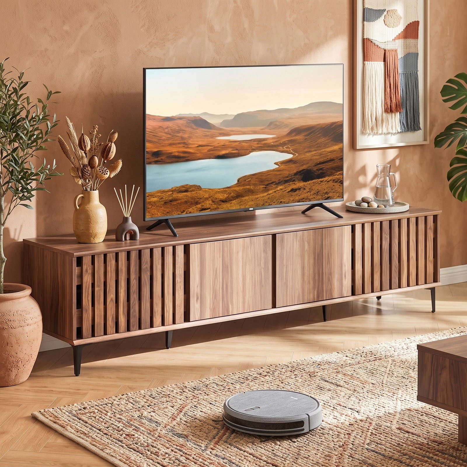 Furnibear Mid Century Modern Entertainment Center, 71 Inch TV Stand for TVs up to 80 Inch, Media Console with 4 Storage Cabinets and Slatted Doors, Wood TV, Walnut