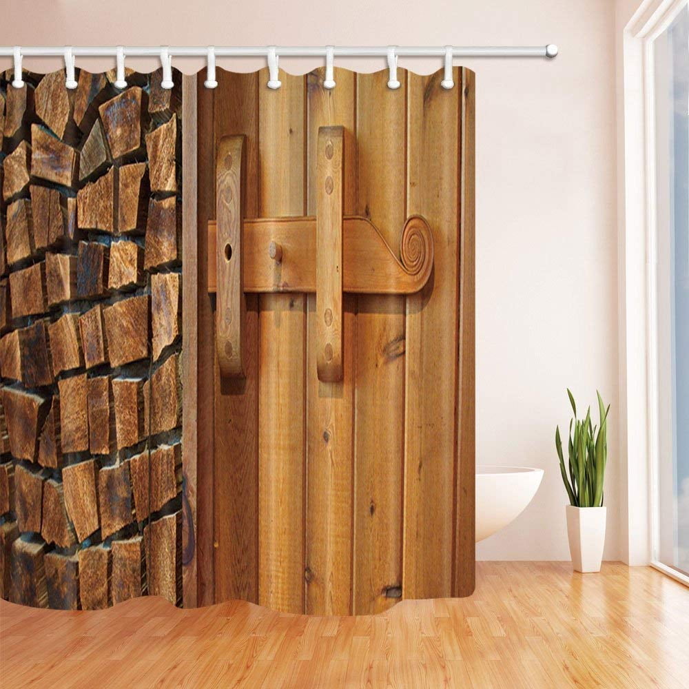 WOPOP Rustic New Wooden Barn Door of Farmhouse Polyester Fabric Bath