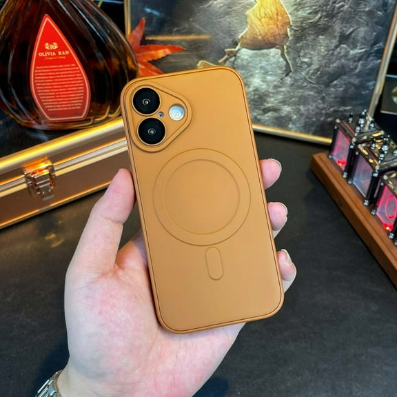 Magnetic For iPhone 16 Phone Case,Ultra Slim,with Lens Film,Compatible with Mag-Safe,Dropproof Heavy Duty Tough Rugged Shockproof Thin Fit Phone Case Cover for iPhone 16,Brown