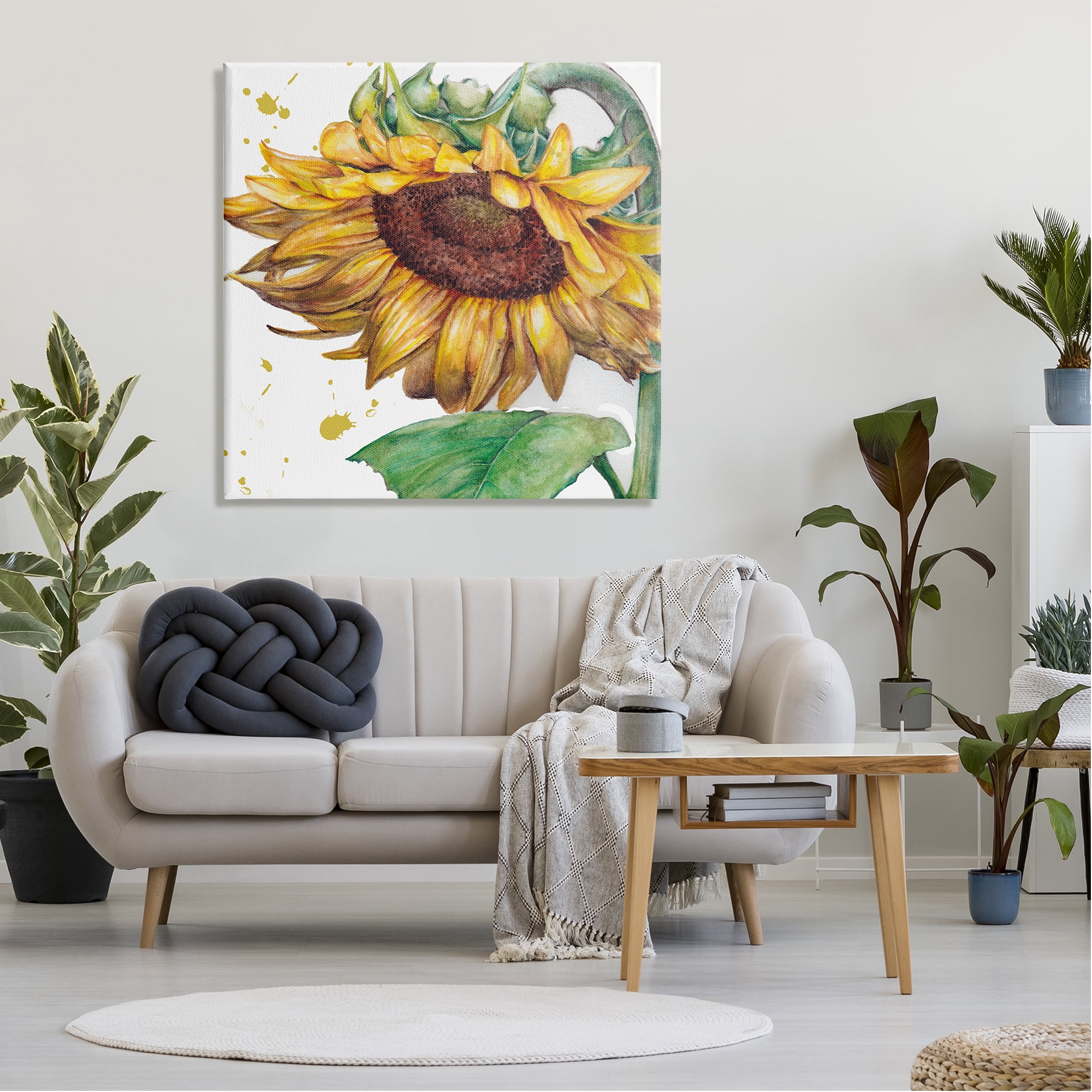 Stupell Industries Sunflower with Paint Splatter Botanical & Floral Painting Gallery Wrapped Canvas Art Print Wall Art, 36 x 36