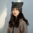 thumbnail image 4 of 2025 Bonnet Ins Petit Diable Rayé Bonnet en Laine Tricotée Automne et Hiver Crochet Mignon Oreilles de Chat Pointu chandail-Over Chapeaux pour Femmes Vert Violet Diable 56-58cm, 4 of 6