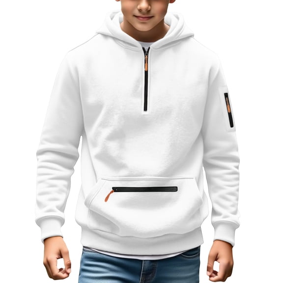 Ltctricy Boys Hoodies Warm Quarter Zip Pullover Hooded Sweatshirt Trendy Long Sleeve Tops Casual Fall Winter Clothes(White,15-16 Years)