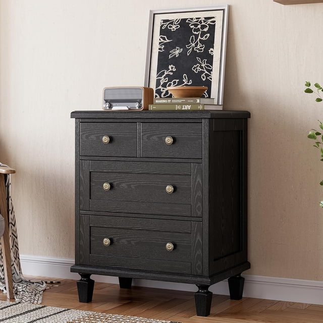 Commode à 4 Tiroirs pour Chambre, Commode Vintage avec Poignées Sculptées et Pieds Fuselés, Commodes en Bois avec Grande Capacité de Rangement, Noir
