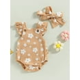 thumbnail image 2 of nvzhuang Baby Girl Suspender Jumpsuit Set Casual Floral Print Ruffled Flying Sleeve Rompers and Headband, 2 of 8