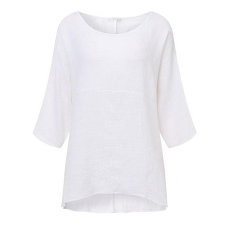 Womens 3/4 Sleeve Cotton Linen Plain Casual T-Shirt Tops Blouses Plus ...