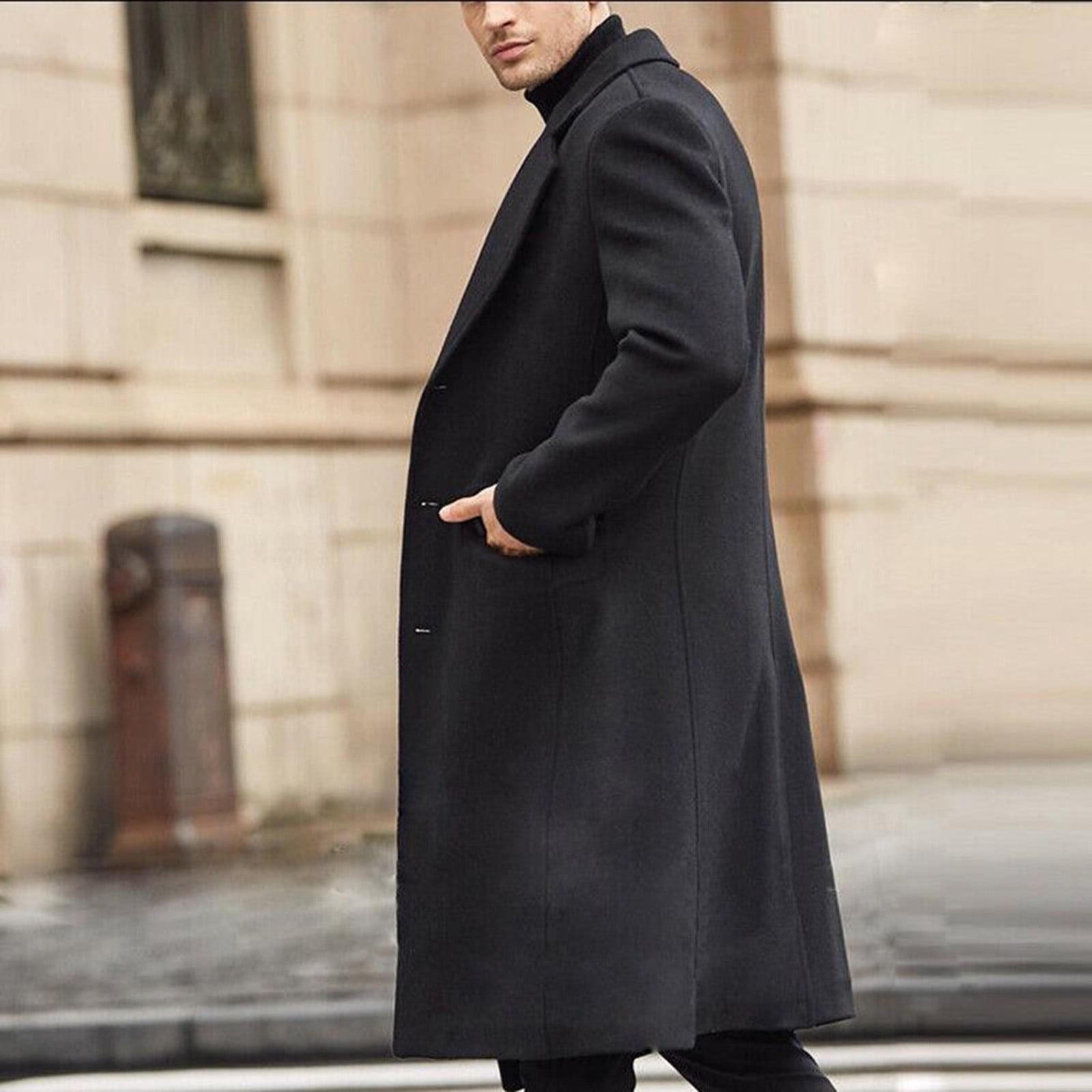 YODETEY Men'S British Style Solid Color Long Coat Able Warm