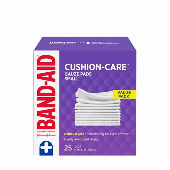 Band-Aid Brand Cushion-CareTM Tampons de Gaze Stériles Idéaux pour les Petites Coupures, Éraflures et Brûlures, Tampons de Soin des Plaies Non Adhésifs et Emballés Individuellement, Petit Format, 2 Pouces x 2 Pouces, Lot de 25