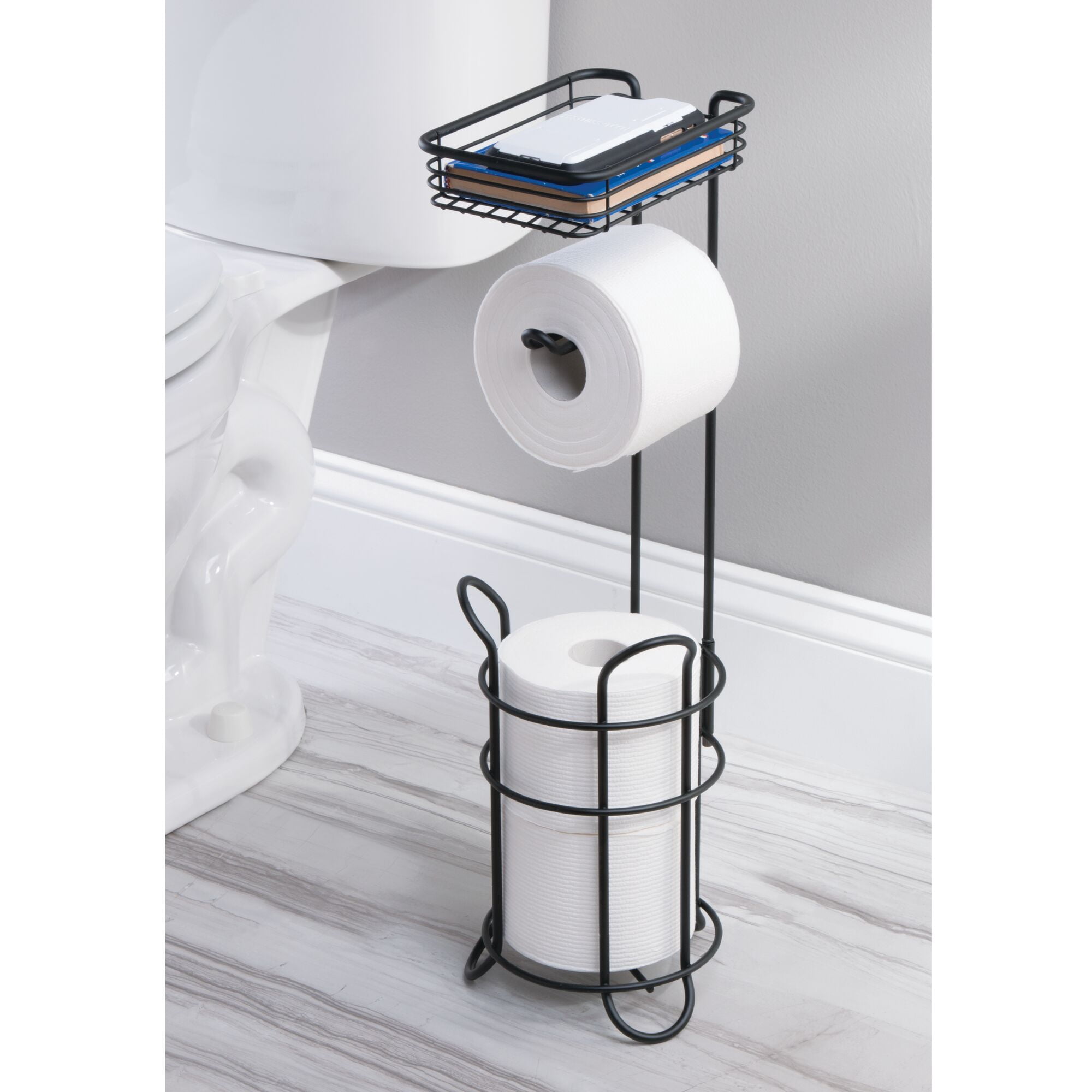 mDesign Steel Free Standing Toilet Paper Holder Stand and Dispenser, Matte Black