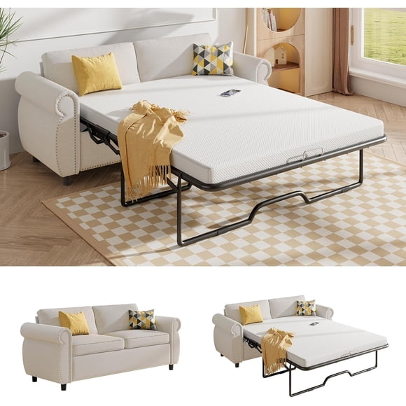 Puremind Queen Size Pull Out Sofa Bed, Convertible Couch Bed with Mattress, Loveseat Sleeper Sofa for Living Room/Apartment, Beige