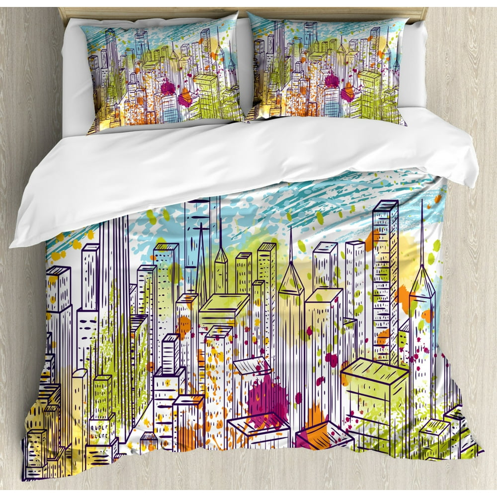 New York Duvet Cover Set King Size, Urban Theme Watercolor Style Effect