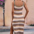 thumbnail image 4 of Vestido de punto con hombros descubiertos para mujer, túnica a rayas, vestido de ganchillo sin mangas, falda hasta la rodilla con abertura, verde XL, 4 of 6
